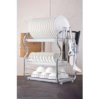 Living and Home 3 Tier Dish Drainer Rack Plate Bowl Storage Drying Tray Board with Kitchen Utensils Holder, Hooks in Silver