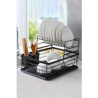 Living and Home Kitchen 2-Tier Metal Dish Drainer Rack Detachable Storage Drip Tray Sink Washing Plates Draining Board in Black