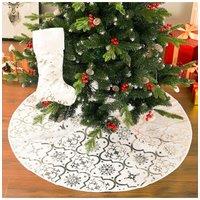 Living and Home 122CM Silver Snowflake Printed Christmas Tree Skirt w/ Christmas Stockings Xmas Tree Base Cover for Christmas New Year Home