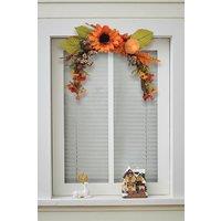 Living and Home Pre-Lig Autumn Sunflower Swag Wreath with Chrysanthemums & Pumpkins for Garden, Porch & Fall Season in Orange
