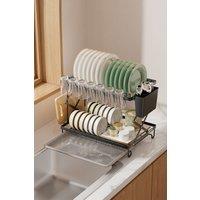 Living and Home 2-Tier Folding Dish Drying Rack Plate Cup Drainer with Detachable Drainboards & Kitchenware Holder in Black