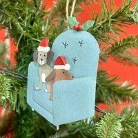The Alphabet Gift Shop Metal Christmas Dogs On Armchair Bauble in Blue