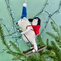 The Alphabet Gift Shop Polar Bear & Penguin Felt Skiing Bauble in White