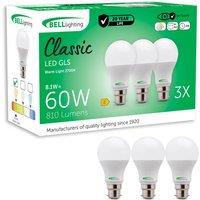 BELL Lighting B22 Dimmable LED Bulb Warm White 8.1W 810lm Bayonet Light Bulb | Size: Pack of 3