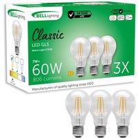 BELL Lighting E27 Filament LED Bulbs Warm White 7W 810lm | Dimmable Screw Fit Light | Size: Pack of 3