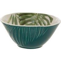 Orsina Porcelain Dark Green Small Salad Bowl, Tropical Leaf Design Mixing Bowl, Glazed Finish Bowl With White Inner