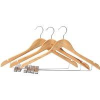 Orsina Durable 3Pc Wood Cloths/Hang W/ Trou Clips, Versatile Clothes Hanger, Notched Sides Coat Hanger For Wardrobe in Natural