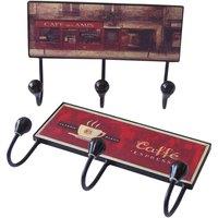 Orsina 3-Hook Hanger With Assorted Caf Designs, Wall-Mounted Wooden Rack With Vintage Coffee Shop Prints