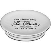 Orsina Luxe Cream Soap Dish With Ridged Base, Stoneware Soap Holder With Black French Lettering, Soap Tray For Sink in White