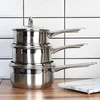 Orsina 3pc Two-Tone Stainless Steel Pan Set, Durable Cookware With Matching Lids For Everyday Use, Stylish Silver