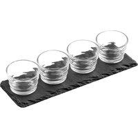 Orsina Stylish 4 Ribbed Glass Bowls Slate Tray Set, Premium Bowls & Slate Tray Set, Sleek Ribbed Design Bowls in Grey
