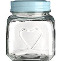 Orsina Stylish Embossed Heart 900Ml Glass Jar With Aqua Blue Lid, Functional Glass Container, Airtight Lid Container in Clear