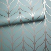Holden Decor Shimmering Striped Art Deco Trellis Metallic Motif Wallpaper in Teal