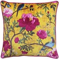 Paoletti Chinoiserie Floral Printed Piped Cushion in Gold | Size: 50 cm x 50 cm