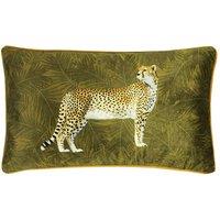 Paoletti Cheetah Forest Printed Velvet Piped Cushion in Green | Size: 30 cm x 50 cm