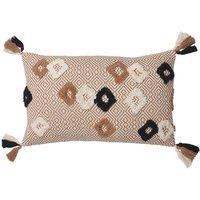 Furn Benji Tasselled Jacquard Diamond Tufted Cotton Cushion in Brown | Size: 30 cm x 50 cm
