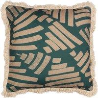 Paoletti Oromo Printed Geometric Fringed Cushion in Green | Size: 45 cm x 45 cm