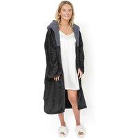 OHS Flannel Fleece Hooded Dressing Gown Sherpa Bathrobe in Jet Black