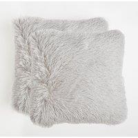 OHS Set of 2 Fluffy Shaggy Filled Cushion with Cover Square in Silver | Size: 45 cm x 45 cm