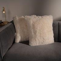 OHS Set of 2 Fluffy Shaggy Filled Cushion with Cover Square in Cream | Size: 45 cm x 45 cm