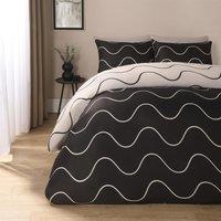 OHS Wavy Duvet Cover Bedding Set Pillowcases Reversible Quilt Soft Lines in Black | Size: Double