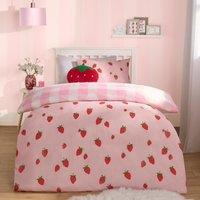 OHS Strawberry Duvet Cover Quilt Set Pillowcase Bed Check Gingham Bedding in Pink | Size: Double