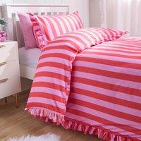 OHS Frill Duvet Cover Bedding Set Pillowcase Stripe Quilt Luxury in Pink | Size: Single