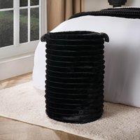OHS Faux Fur Ribbed Laundry Basket Bag Folding Hamper with Handles in Black