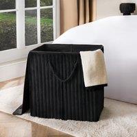 OHS Ribbed Faux Fur Folding Laundry Basket Bag with Lid in Black