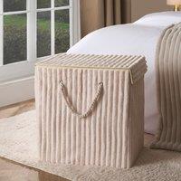 OHS Ribbed Faux Fur Folding Laundry Basket Bag with Lid in Cream