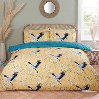 Rapport Home Cranes Microfibre Reversible Duvet Cover Set with Pillowcase in Orange | Size: Double