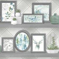 Holden Decor Stag Frames Rustic Picture Frames Faux Shelf Floral Wallpaper in Grey