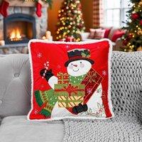 Luxury Living Christmas Embroidered Snowman Cushion with Gifts & Candy Cane in Red | Size: 45 cm x 45 cm