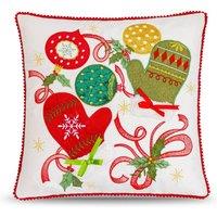 Luxury Living Embroidered Christmas Cushion with Mittens, Baubles & Bell in Cream | Size: 45 cm x 45 cm
