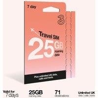 Three 7 Day Travel Sim, Unlimited Voice with 25GB Data Roaming in Red
