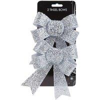 VFM e-Store Tinsel Bows Christmas Decoration X 2 13cm x 17cm x 4. 5cm Silver | Size: 13 cm x 17 cm