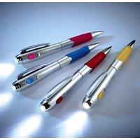 mysmartbuy 4 x Pen Torches - Pocket Sized Black Ink Ballpoint Pens with Built-In Flashlights In Pink, Yellow, Blue & Red Designs in Silver