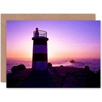 Artery8 Lighthouse Pier Sunset Boat Sea Art Blank Just to Say Card