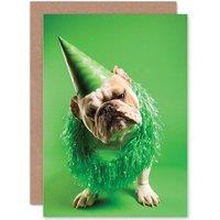 Artery8 Bulldog Party Hat Green Celebrate Birthday Greetings Card