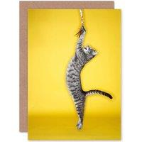 Artery8 Cat Playing With Toy Yellow Birthday Greetings Card