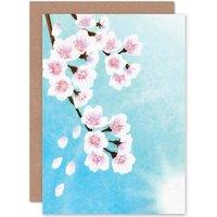 Artery8 Cherry Blossom Floral Flower Painting Drawing Greetings Card in Blue