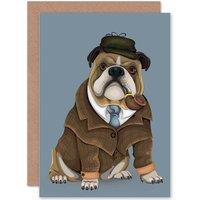 Artery8 Detective Bulldog Pet Sherlock Pipe Clothes Greetings Card in Grey