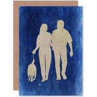 Artery8 Family Dog Couple Romance Walk Silhouette Blue Grunge Greetings Card