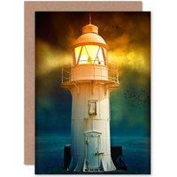 Artery8 Light House Pier Sunset Nautical Sea Greetings Card