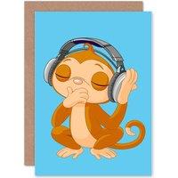 Artery8 Monkey Dj Music Cute Animal Cartoon Greetings Card in Blue