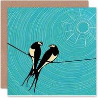 Wee Blue Coo Two Swallows Birds Lovers On Wire Spring Sun Art Card