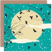 Wee Blue Coo Winter Tree Silhouette Crows Full Moon Greeting Art Card