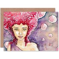 Artery8 Watercolour Woman Bubbles Red Hair Art Card