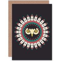 Artery8 Abstract Owl Face Native American Design Greetings Card in Black
