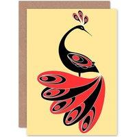 Artery8 Painting Stylised Peacock Bird Feather Greetings Card in Yellow